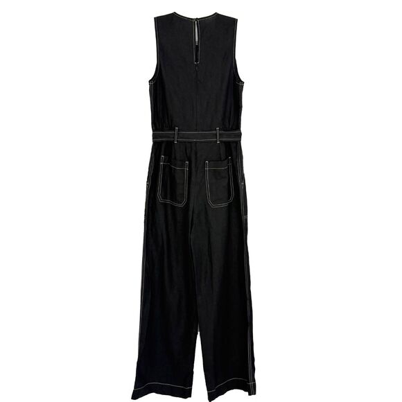 MADEWELL Contrast-Stitch Relaxed Straight-Leg Jumpsuit 0 Jet Black Linen NWT B65 - Picture 3 of 6